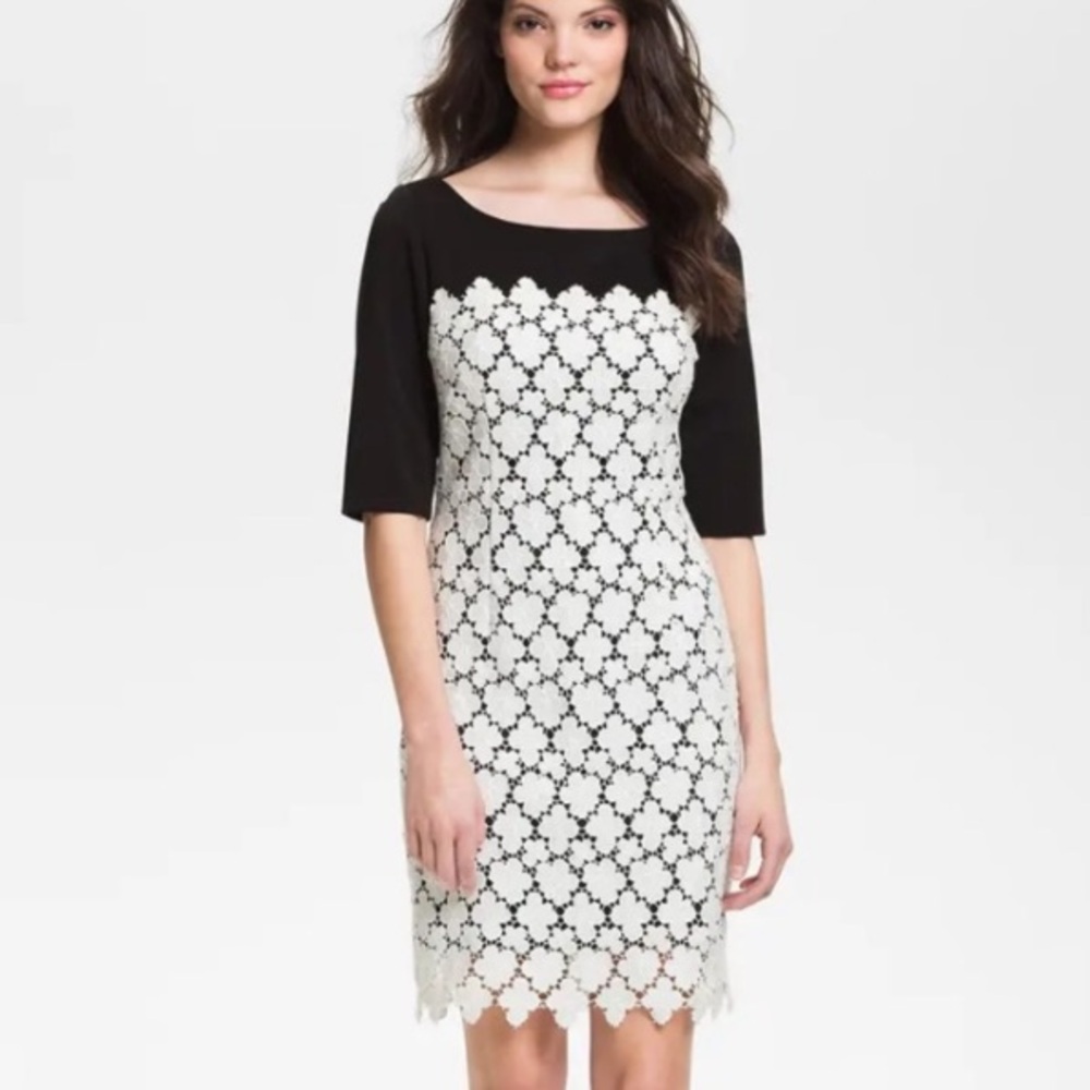SUZI CHIN Black & White Colorblock  Floral Embroidery Dress 6 NWOT